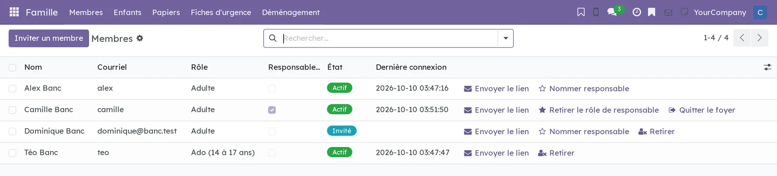 Liste des membres : quatre comptes, leur rôle, leur état Actif ou Invité, la dernière connexion et les boutons Envoyer le lien, Nommer responsable et Retirer