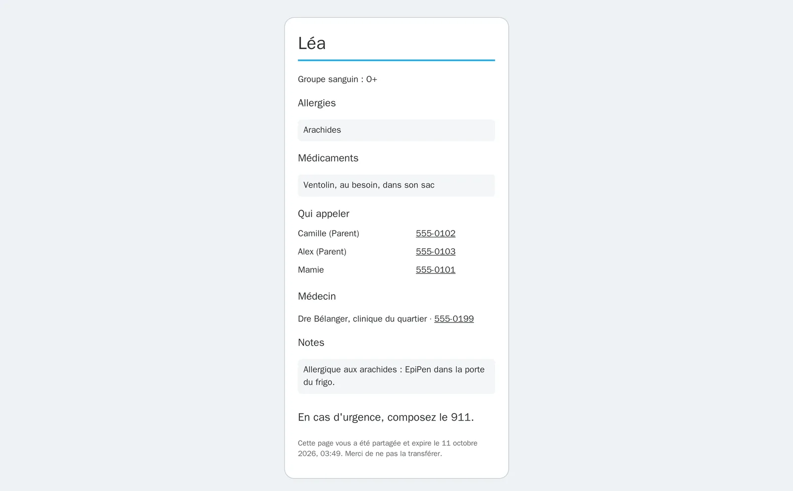 Page de la gardienne sur un téléphone : groupe sanguin, allergies, médicaments, qui appeler, médecin, notes, rappel du 911 et date d'expiration du lien