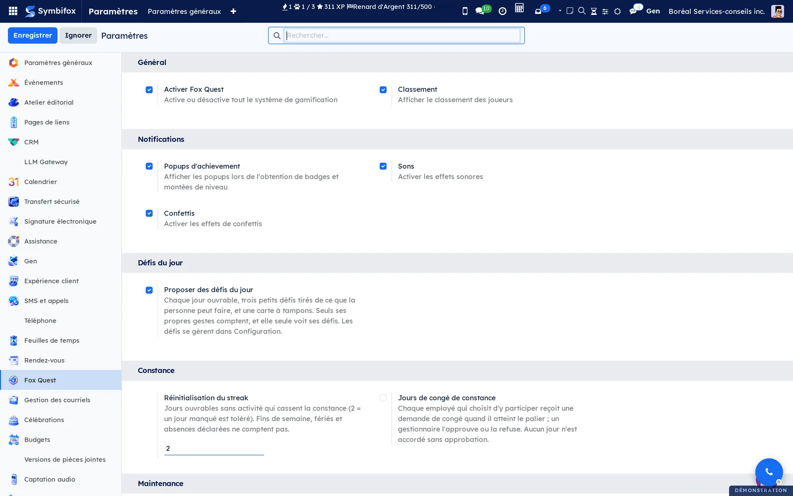 Section Fox Quest des Paramètres : général, notifications, défis du jour et constance
