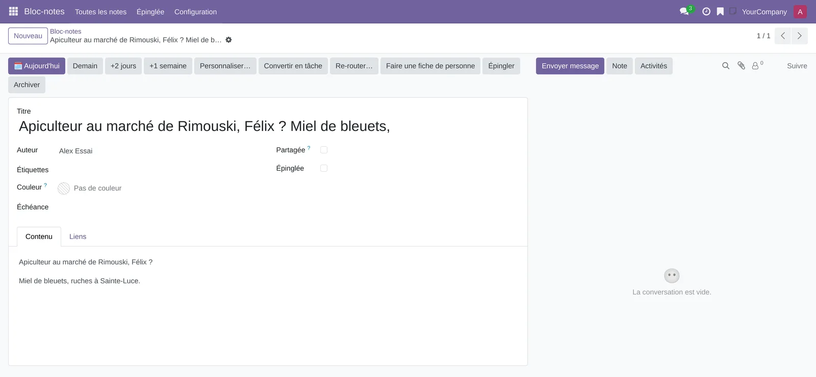 Note du Bloc-notes avec le bouton Faire une fiche de personne parmi les boutons de l'en-tête