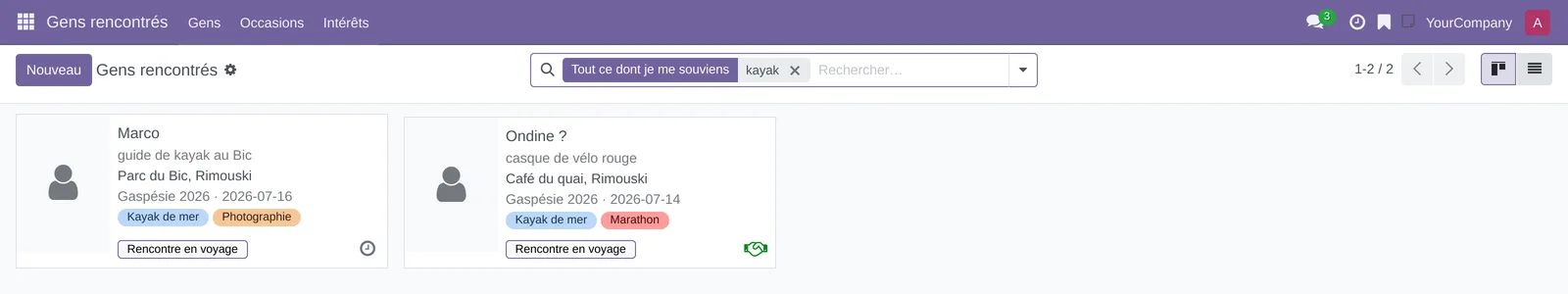 Recherche « kayak » dans Tout ce dont je me souviens : deux fiches trouvées, Marco et Ondine ?