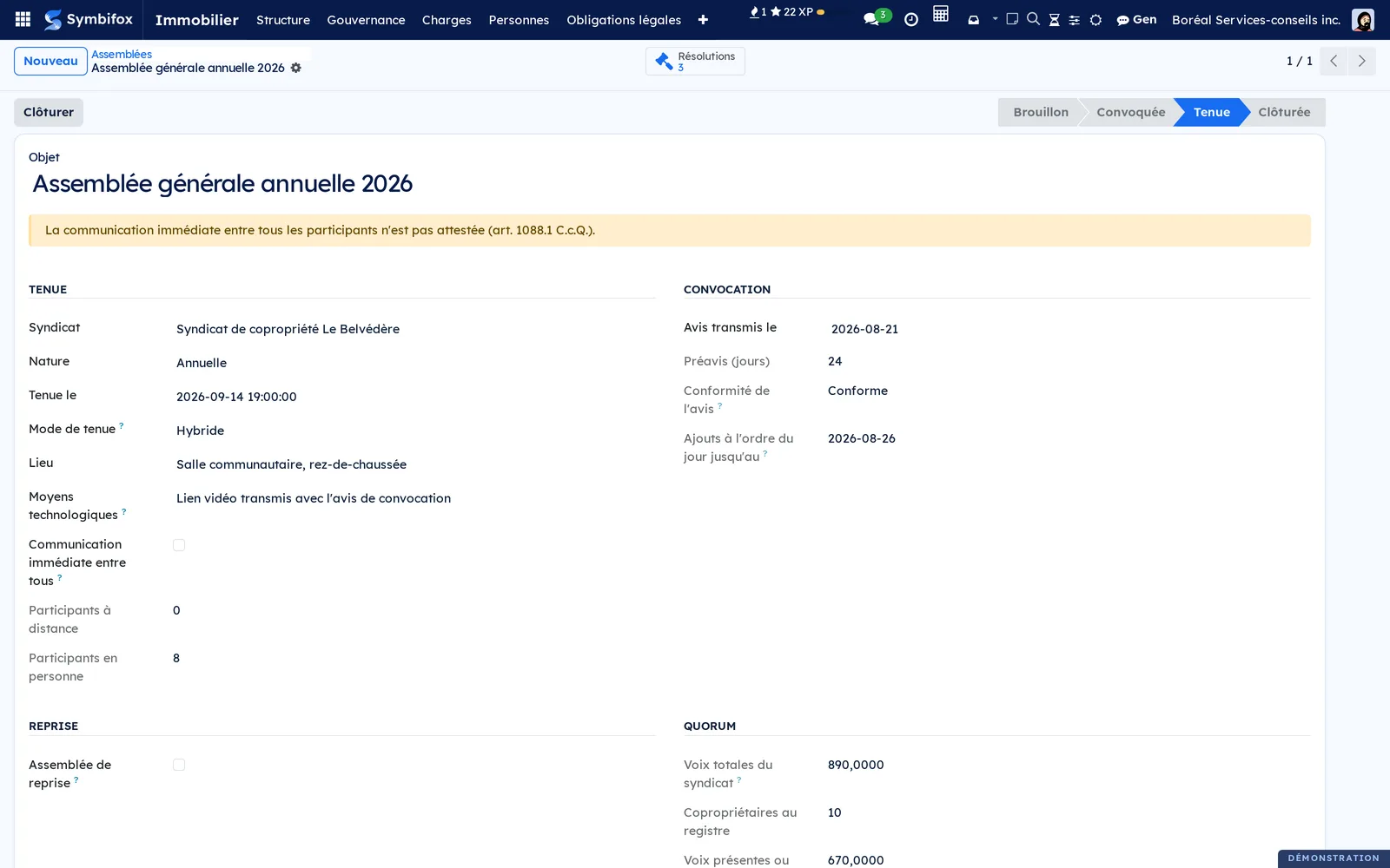 Assemblée générale annuelle 2026 tenue en mode hybride, avis conforme transmis 24 jours avant, et bandeau sur la communication immédiate non attestée