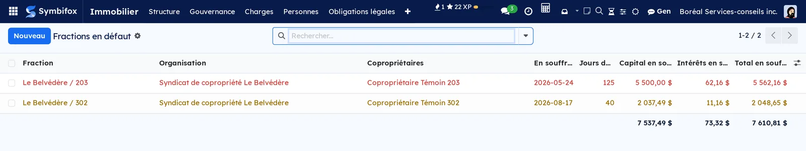 Deux fractions en défaut au Belvédère : 203 depuis 125 jours pour 5 562,16 $, et 302 depuis 40 jours pour 2 048,65 $