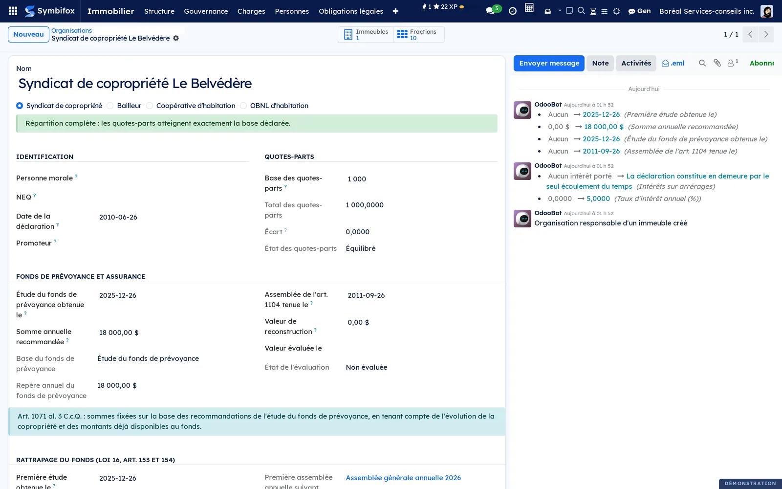 Fiche du syndicat Le Belvédère : répartition complète des quotes-parts, sections Identification, Quotes-parts et Fonds de prévoyance