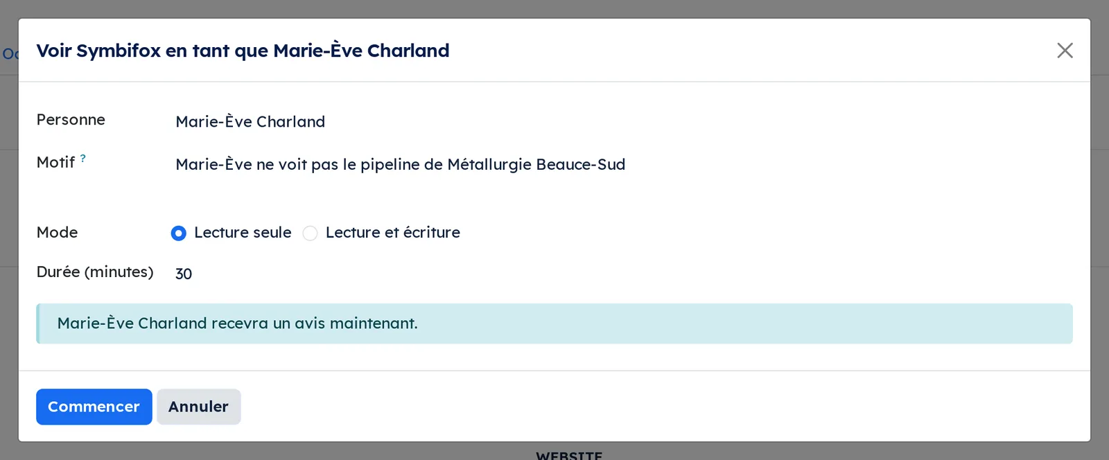 Assistant Voir Symbifox en tant que Marie-Ève Charland, avec la personne, le motif, le mode, la durée et l'annonce de l'avis