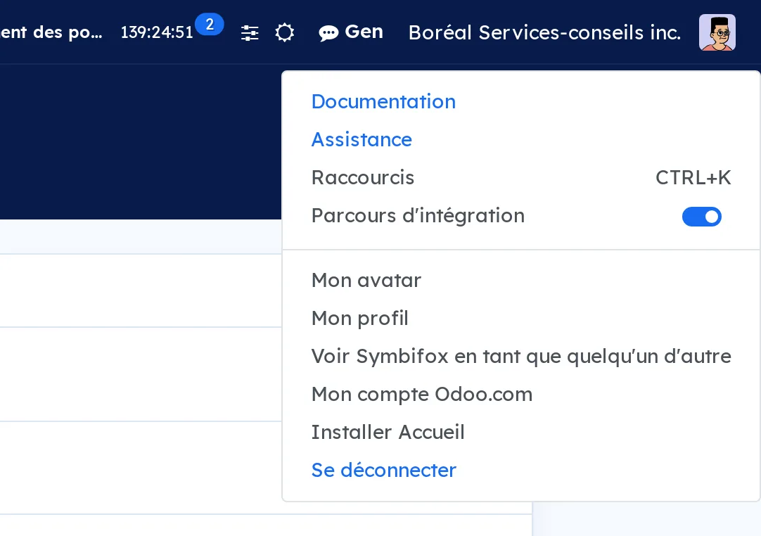 Menu de l'avatar ouvert, avec l'entrée Voir Symbifox en tant que quelqu'un d'autre
