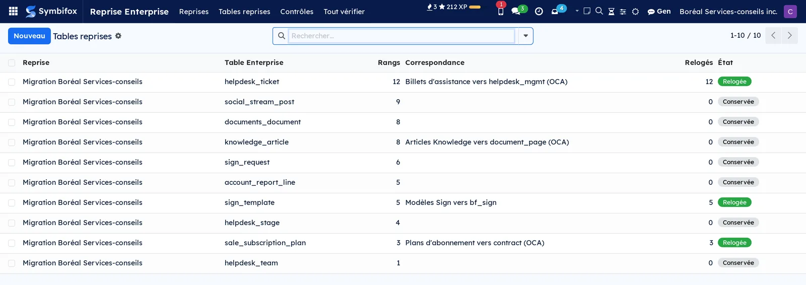 Liste des tables d'une reprise, avec leurs rangs, leur correspondance quand il y en a une, et leur état