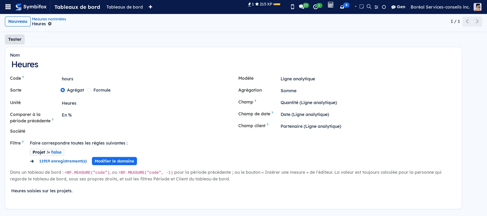 Fiche de la mesure Heures : agrégat sur la ligne analytique, somme de la quantité, champs de date et client, filtre Projet défini