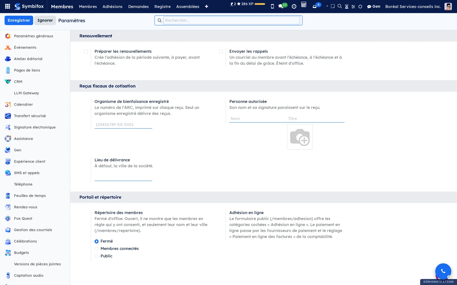 Réglages de l'application Membres : renouvellement et rappels, reçus fiscaux de cotisation, portail et répertoire