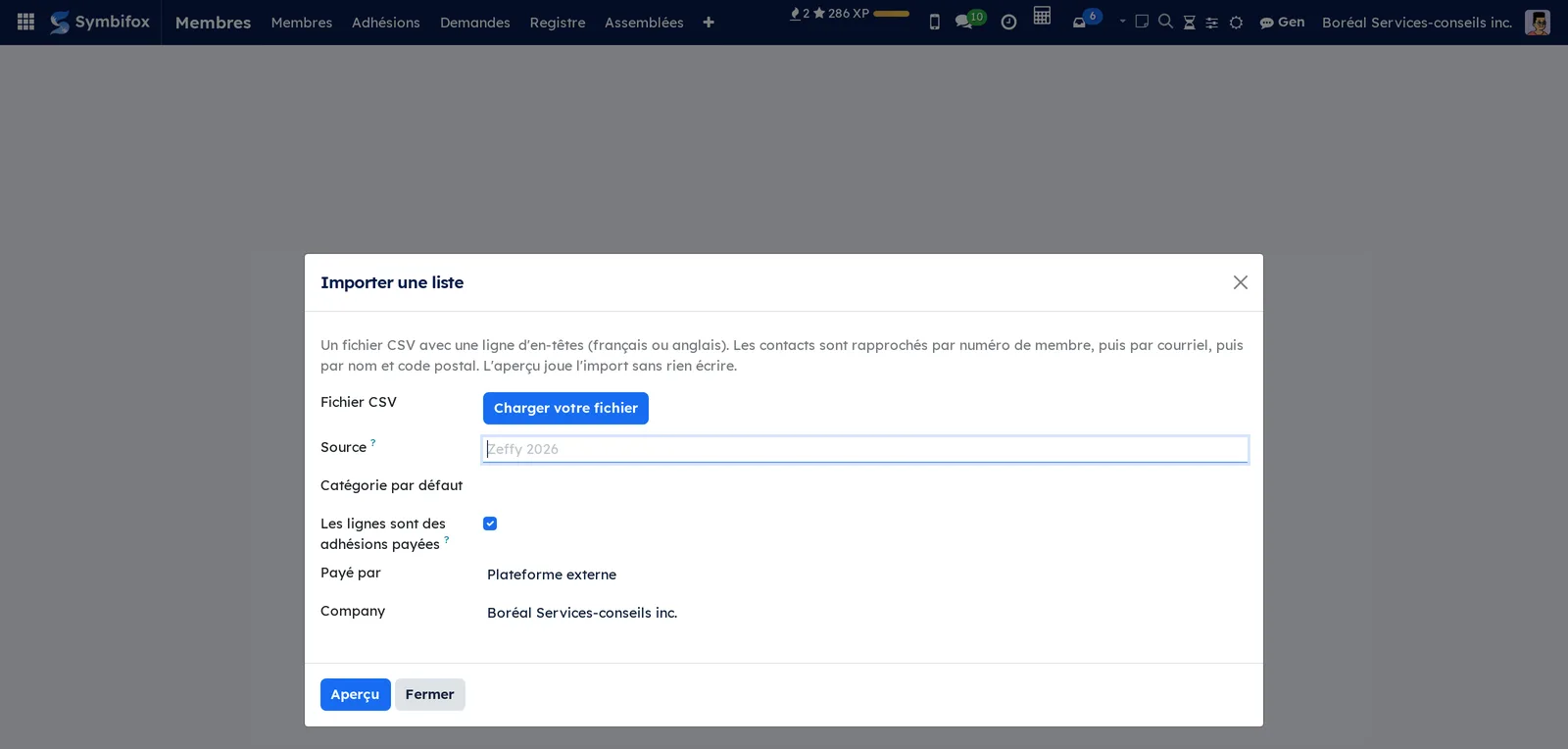 Assistant Importer une liste : fichier CSV, source, catégorie par défaut, lignes payées, payé par, et le bouton Aperçu