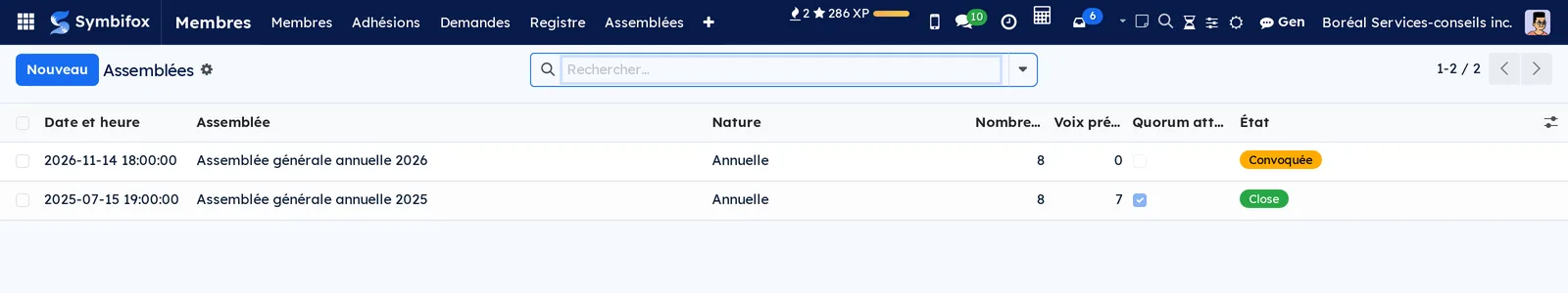 Liste des assemblées : l'assemblée annuelle de l'an dernier, close, et celle de cette année, convoquée