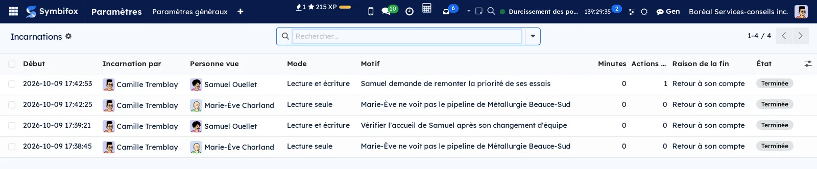 Liste des incarnations avec le début, la personne qui incarne, la personne vue, le mode, le motif, la durée et la raison de la fin