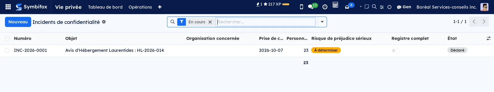 Liste des incidents de confidentialité, filtre En cours : INC-2026-0001, 23 personnes, risque à déterminer, état Déclaré