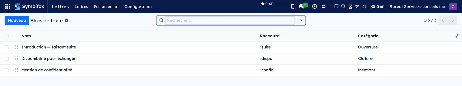 Liste des trois blocs de texte de Boréal, avec leur raccourci et leur catégorie