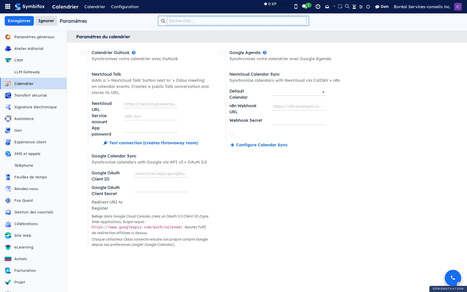 Paramètres du calendrier : blocs Outlook, Google Agenda, Nextcloud Talk, synchronisation Nextcloud et synchronisation Google