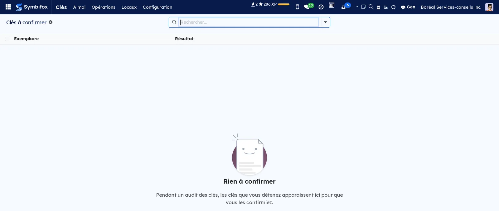 Écran Clés à confirmer, vide hors audit : colonnes Exemplaire et Résultat, texte d'aide Rien à confirmer
