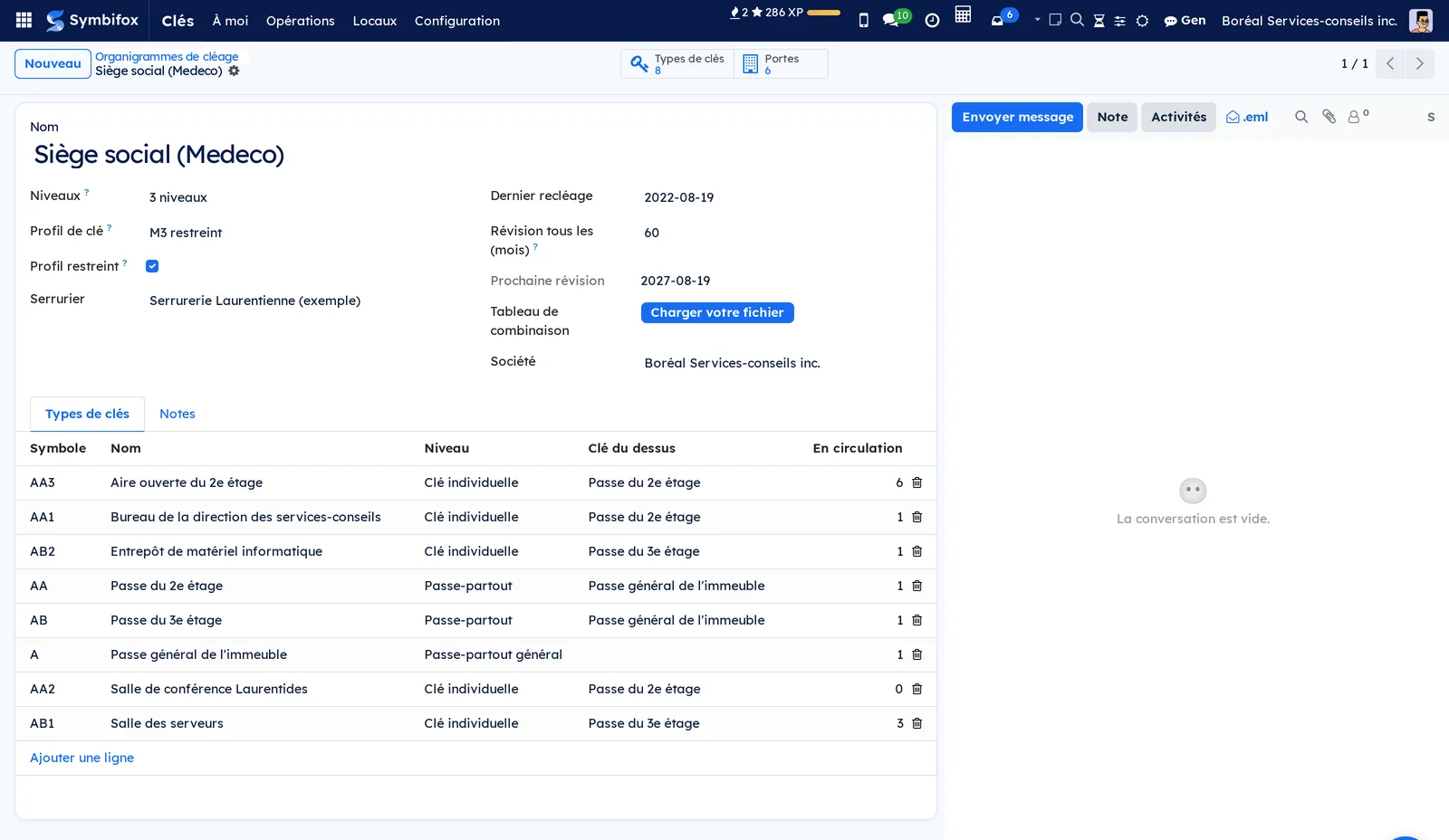 Organigramme Siège social (Medeco) : trois niveaux, profil M3 restreint, serrurier, prochaine révision 2027-08-19 et ses huit types de clés