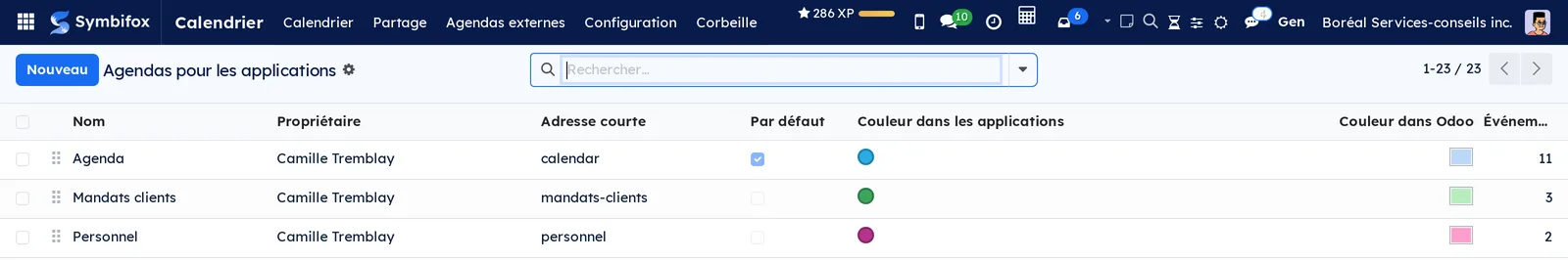 Liste Agendas pour les applications : Agenda, Mandats clients et Personnel de Camille Tremblay, avec leur adresse courte, leurs couleurs et leur nombre d'événements
