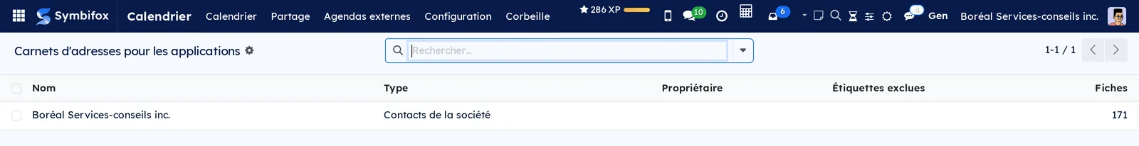 Liste Carnets d'adresses pour les applications : le carnet Boréal Services-conseils inc., de type Contacts de la société, sans étiquette exclue, 171 fiches