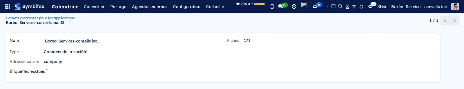 Fiche du carnet de la société de Boréal : nom, type Contacts de la société, adresse courte, Étiquettes exclues vide et 171 fiches