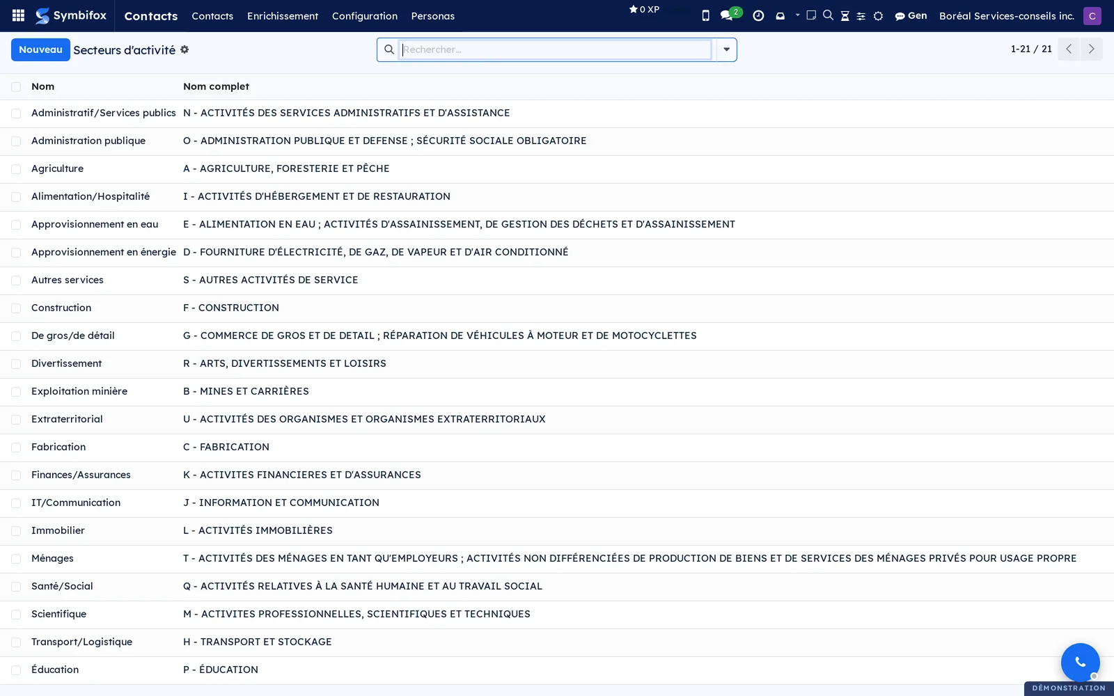 Liste des secteurs d'activité fournis, avec le nom court et le nom complet de chaque secteur
