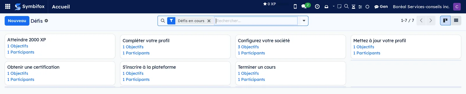 Vue kanban des défis de ludification sur la démo Boréal