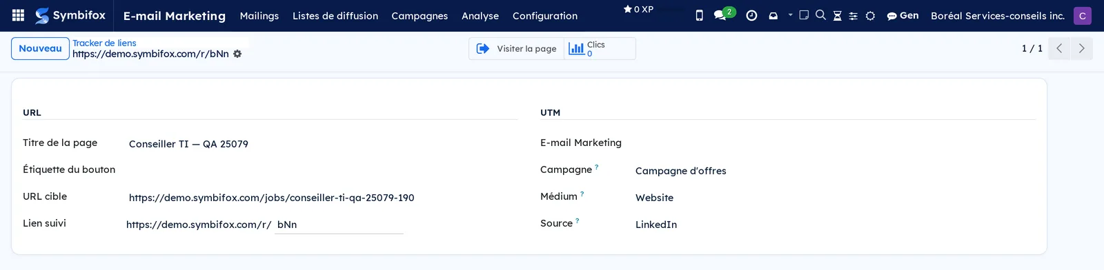 Formulaire d'un lien suivi : titre de la page, URL cible, lien raccourci, campagne, médium et source, avec le compteur de clics