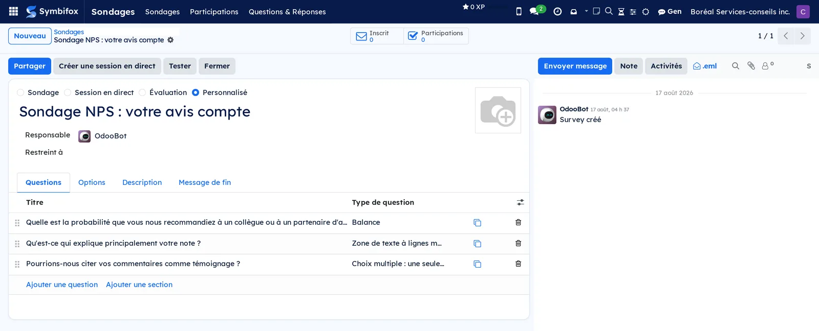 Formulaire du sondage NPS de Boréal, mode Personnalisé, trois questions et onglets Questions, Options, Description et Message de fin