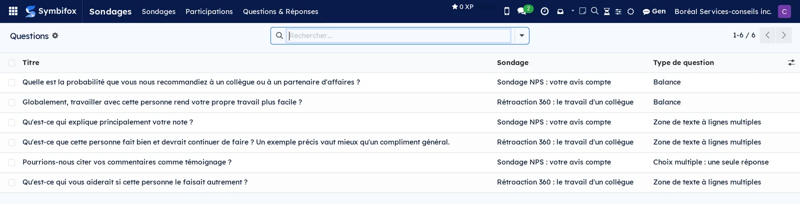 Liste des six questions de Boréal avec leur sondage d'origine et leur type de question