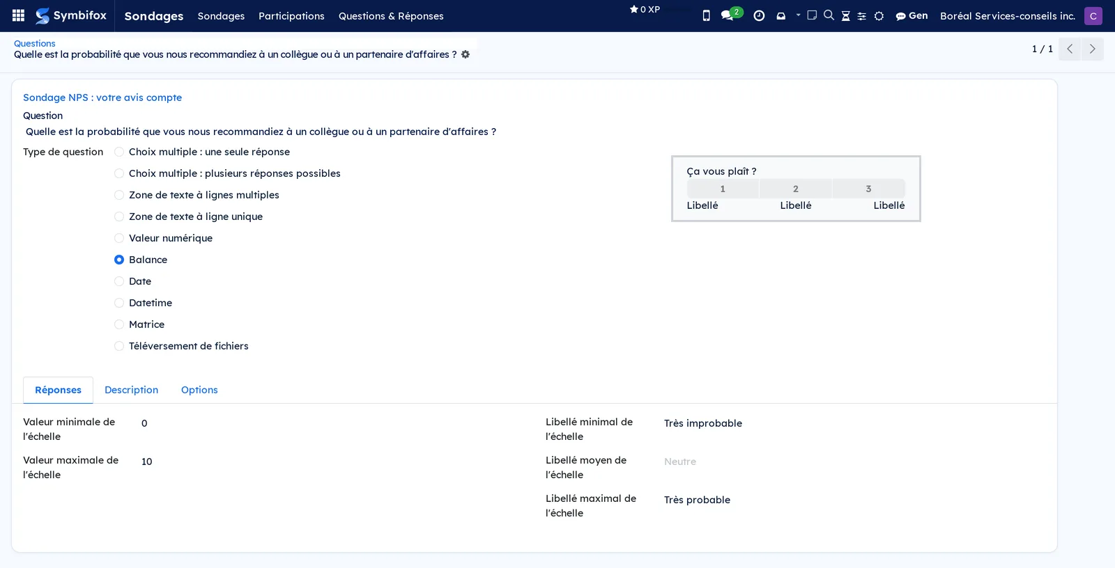 Formulaire d'une question de Boréal, type Balance avec échelle de 0 à 10 et libellés minimal, moyen et maximal
