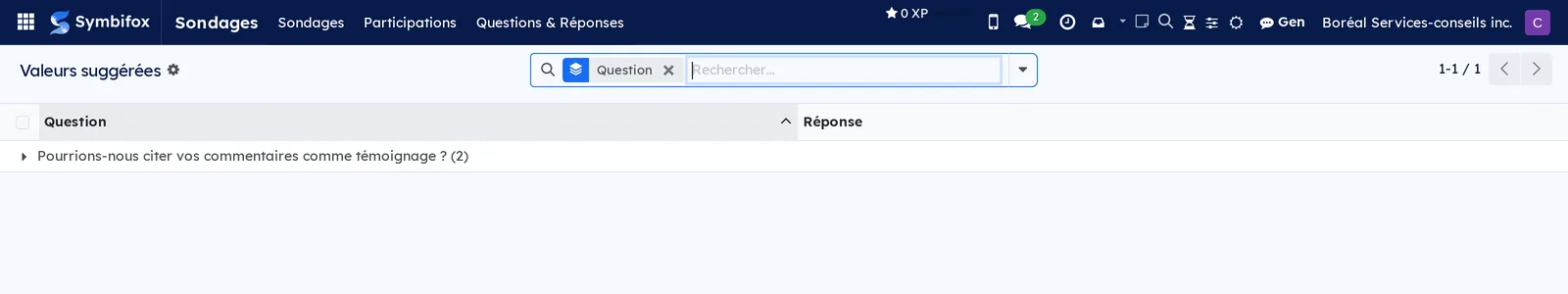 Écran Valeurs suggérées de Boréal, groupé par question, avec la question sur le témoignage et ses deux réponses