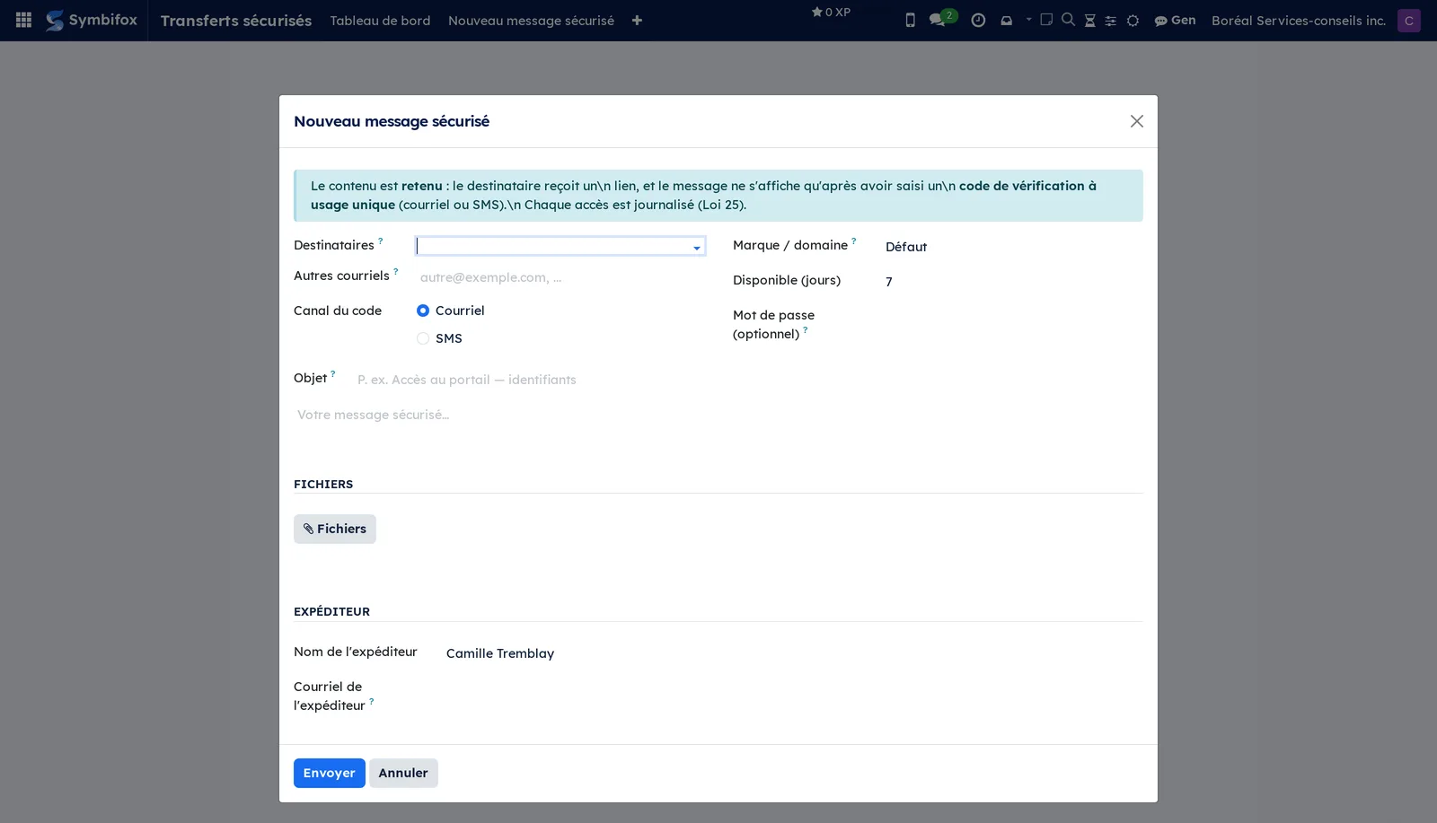 Assistant Nouveau message sécurisé : destinataires, canal du code, objet, message et fichiers