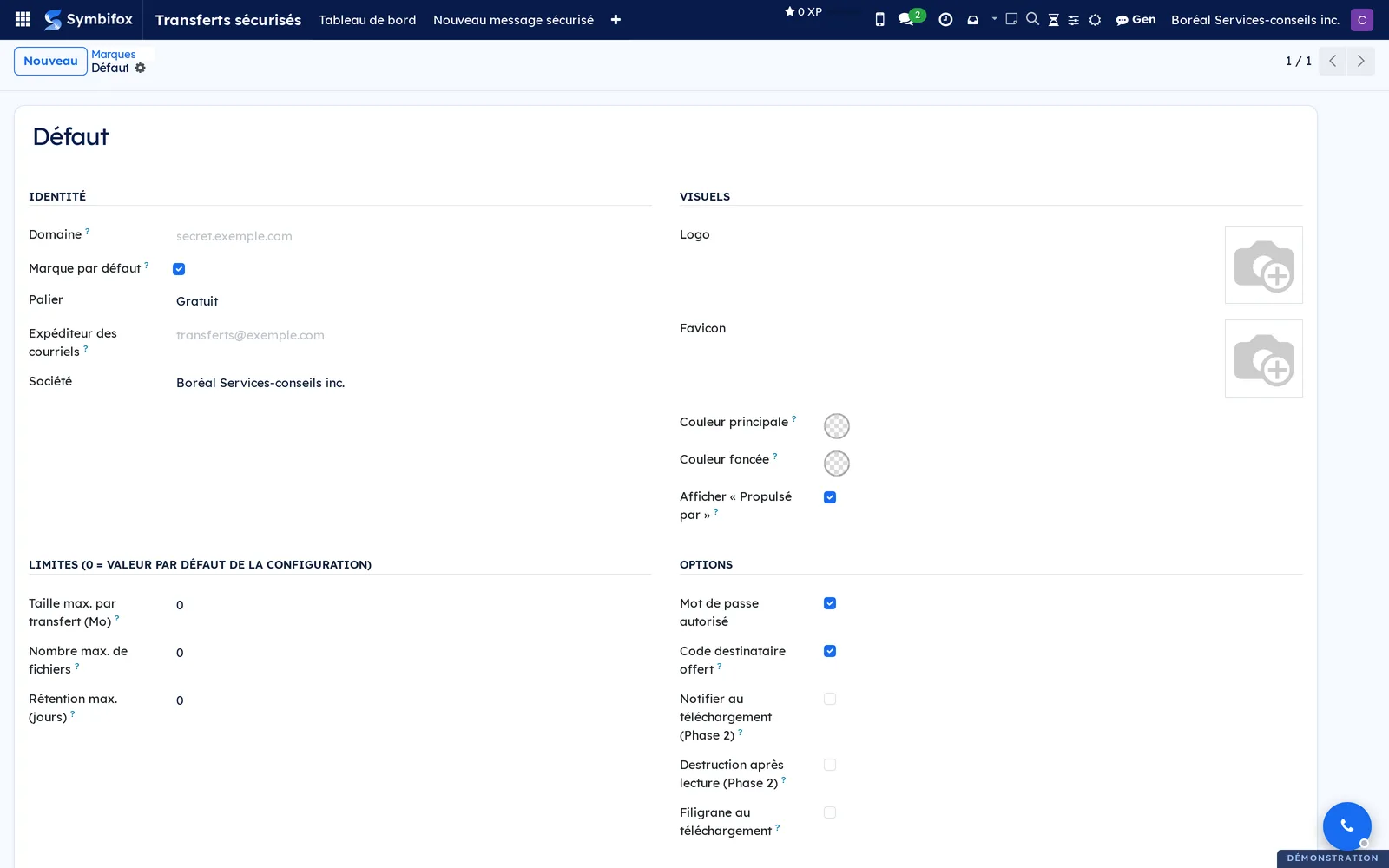 Fiche d'une marque : identité, visuels, limites et options