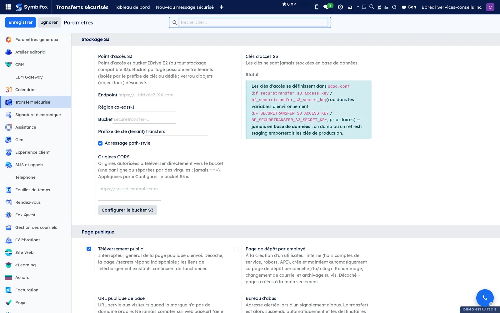 Paramètres du transfert sécurisé : section Stockage S3 et section Page publique