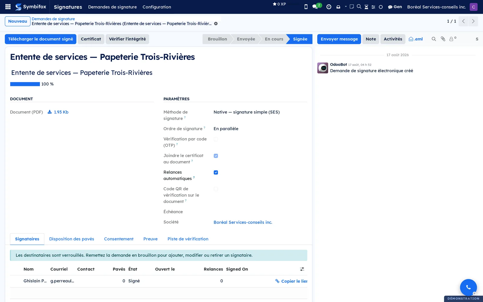 Formulaire d'une demande de signature de Boréal, où l'on ajoute les signataires, place les pavés, envoie la demande et consulte la preuve