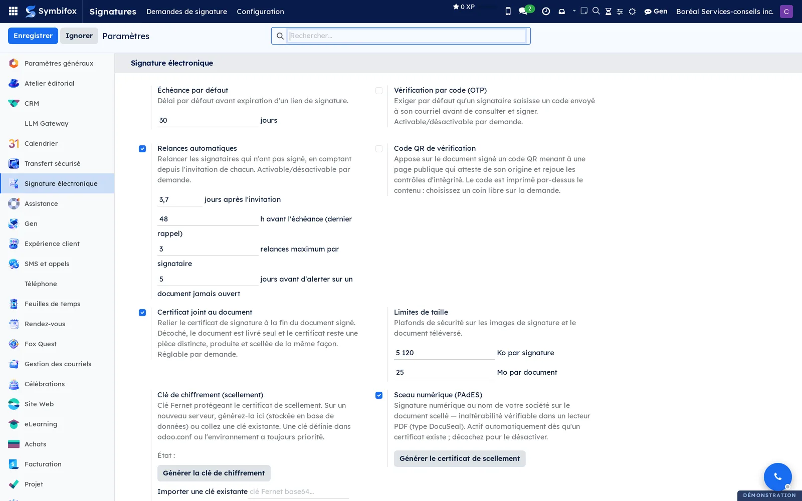Page Paramètres de Boréal, section Signature électronique : échéance, code OTP, relances, code QR, certificat joint, limites de taille, clé et sceau