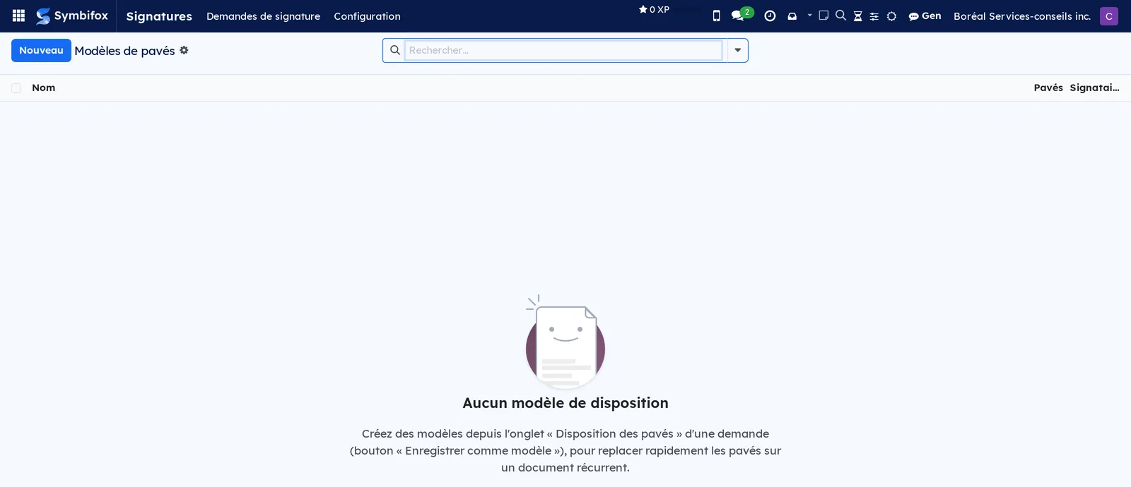 Écran Modèles de pavés vide de Boréal, dont l'aide indique de créer un modèle depuis l'onglet Disposition des pavés d'une demande