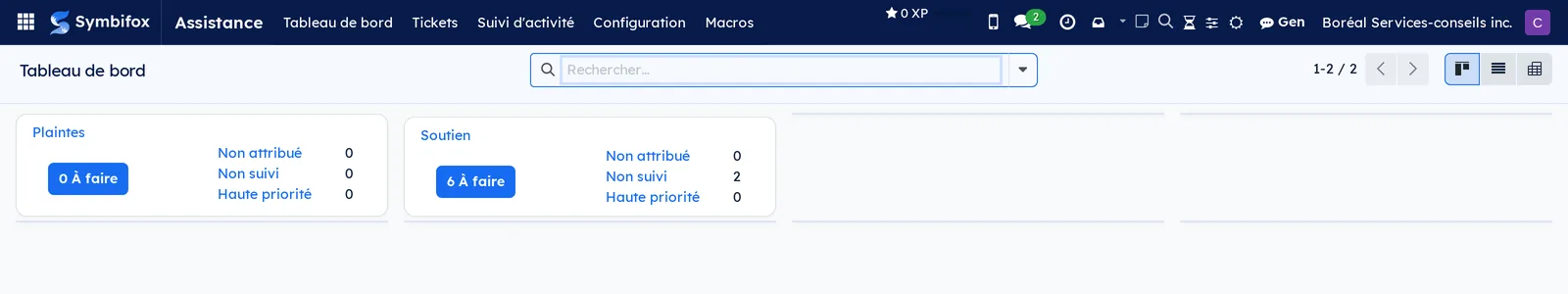 Tableau de bord de l'Assistance de Boréal : une carte par équipe, Plaintes et Soutien, avec le bouton À faire et les compteurs