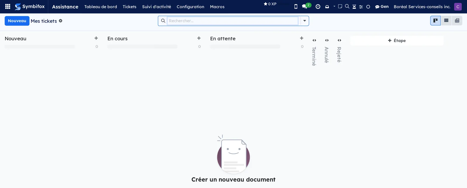 Kanban Mes tickets de Camille, vide, avec les colonnes Nouveau, En cours, En attente et les étapes de clôture repliées