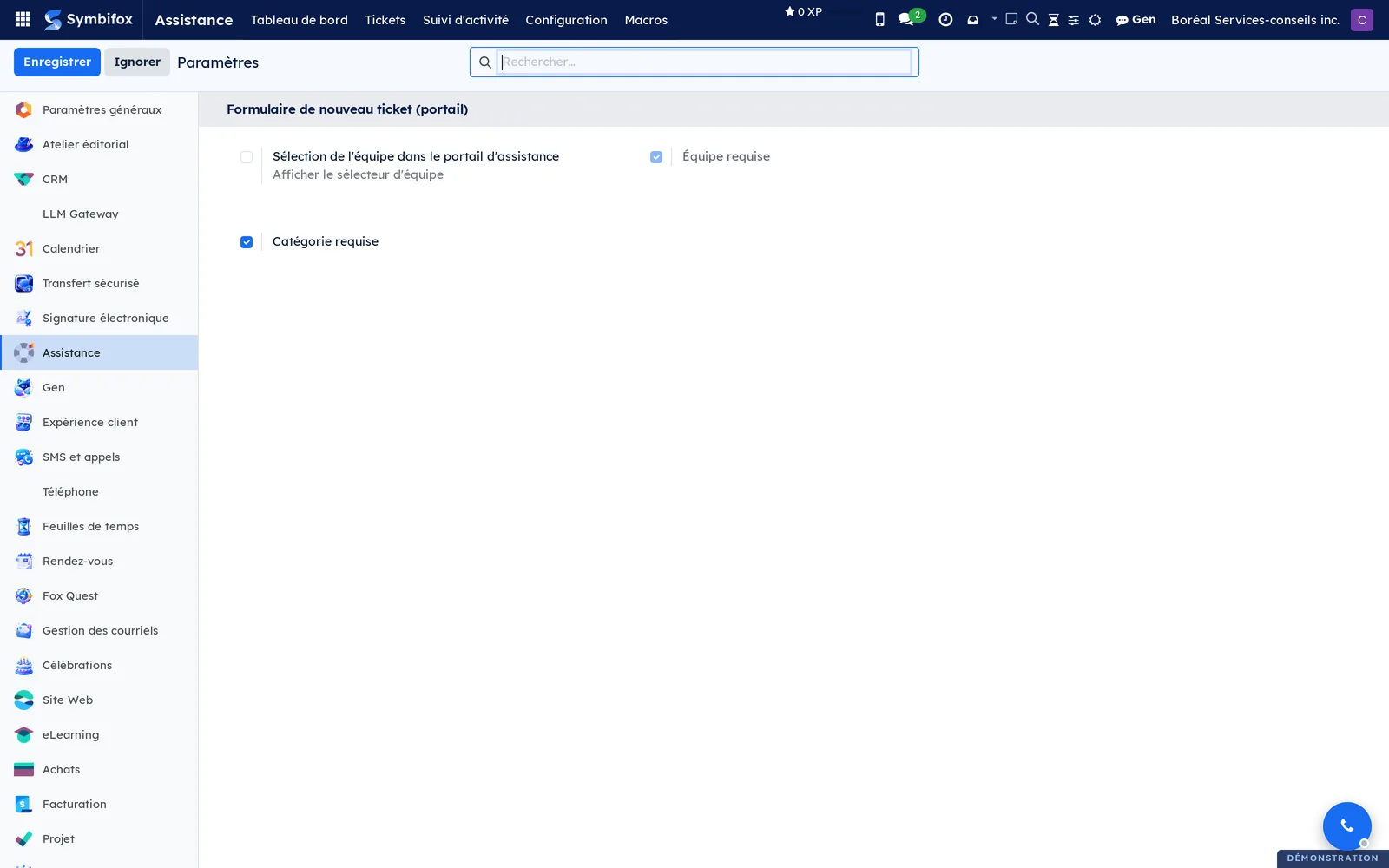Page Paramètres de l'application Assistance de Boréal, section Formulaire de nouveau ticket (portail), avec Catégorie requise cochée