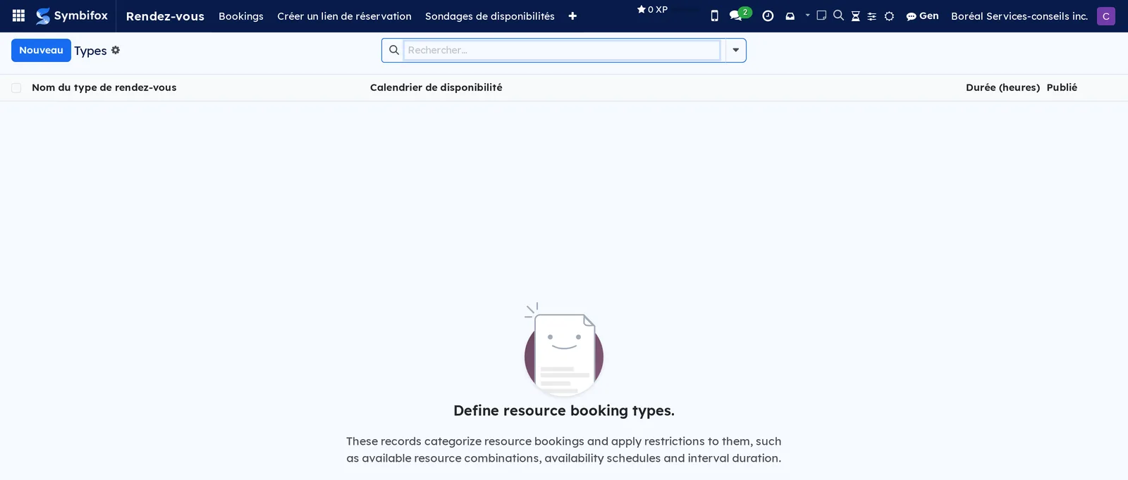 Écran des types de rendez-vous, vide sur la démo, avec les colonnes Nom, Calendrier de disponibilité, Durée et Publié