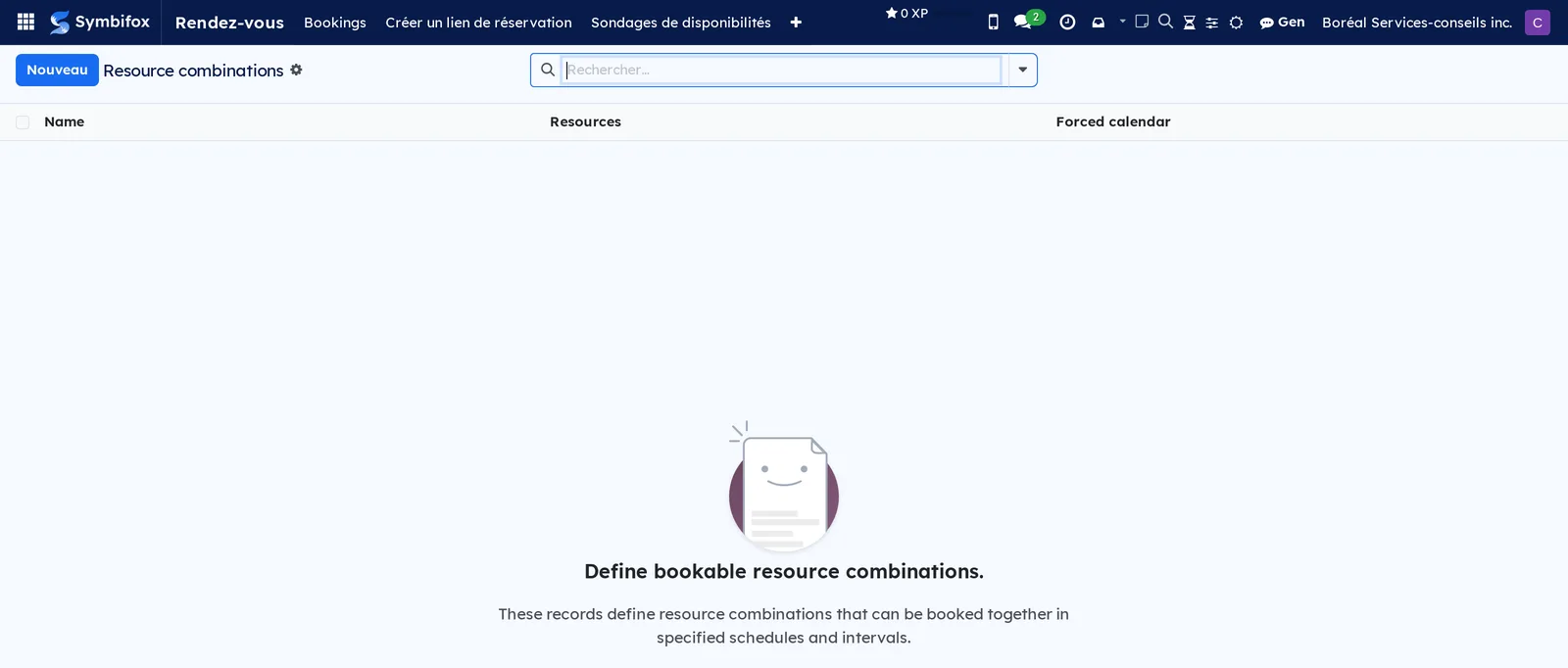 Écran des combinaisons de ressources, vide sur la démo, avec les colonnes Name, Resources et Forced calendar