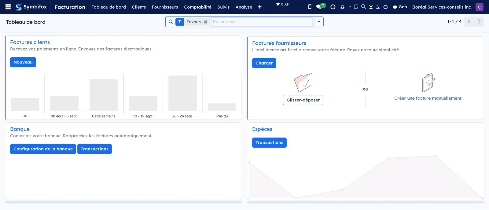 Tableau de bord de Facturation sur la démo Boréal, avec les cartes Factures clients, Factures fournisseurs, Banque et Espèces