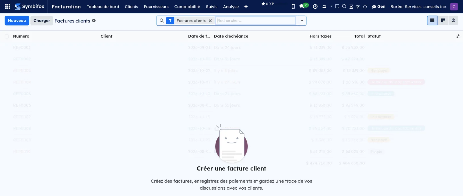 Écran vide des factures clients sur la démo Boréal, avec le texte d'aide et les boutons Nouveau et Charger