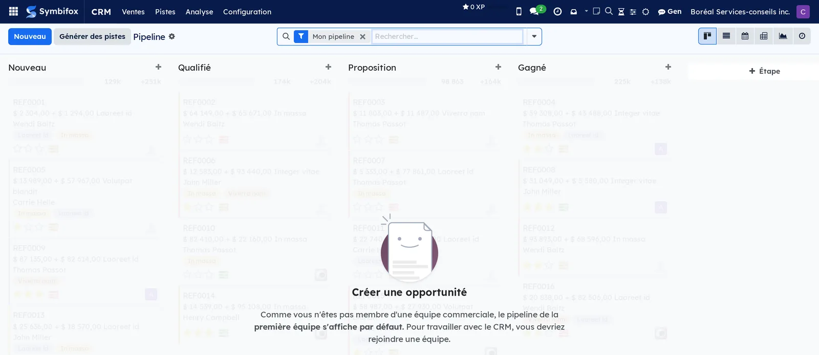 Pipeline CRM de la démo : colonnes Nouveau, Qualifié, Proposition et Gagné, cartes d'exemple et message invitant à rejoindre une équipe