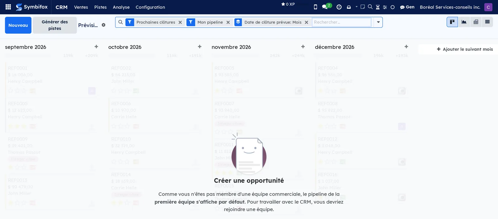 Prévision CRM groupée par mois, de septembre à décembre 2026, avec les filtres Prochaines clôtures et Mon pipeline
