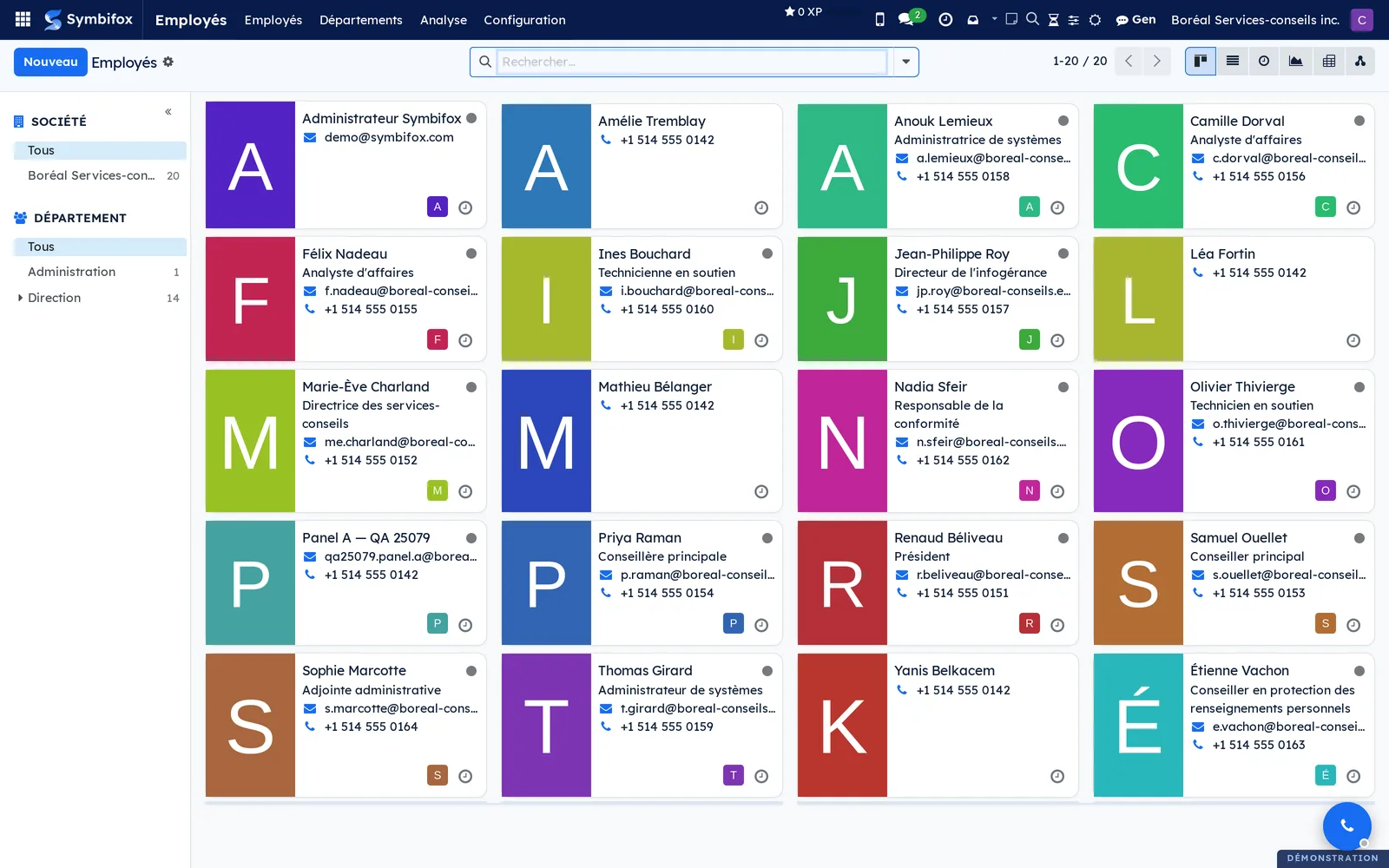 Écran Employés de l'application, une carte par personne