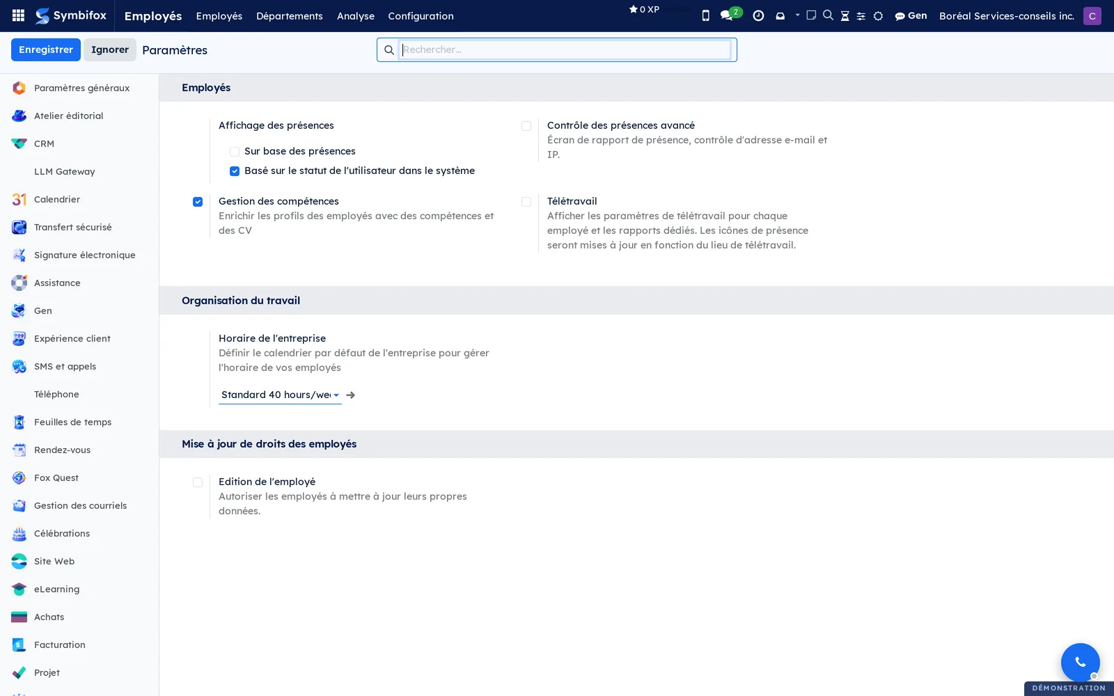 Paramètres d'Employés : affichage des présences, contrôle avancé, gestion des compétences, télétravail, horaire de l'entreprise, édition par l'employé