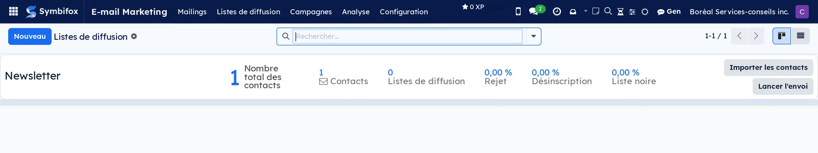 Carte kanban de la liste Newsletter : nombre total des contacts, rejet, désinscription, liste noire et boutons Importer les contacts et Lancer l'envoi