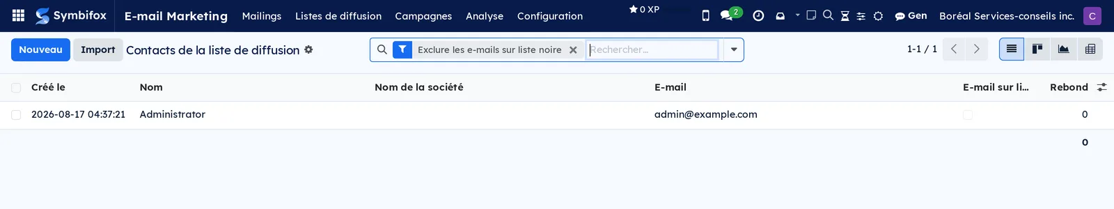 Liste des contacts de diffusion avec le filtre Exclure les e-mails sur liste noire, colonnes nom, société, adresse et rebonds